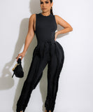 Sash Belt Pants and Sleeveless Fringe Top Set Bold Colors