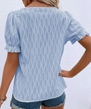 Chic V-Neck Puffed Sleeve Jacquard Casual Loose T-Shirt