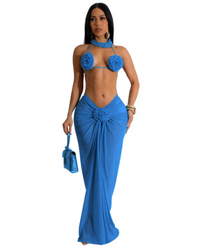 Three-Dimensional Pattern Backless Tie-String Bikini Set