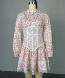 Chic Printed Waist Long Sleeve Short Lace Dress in Purple Pink