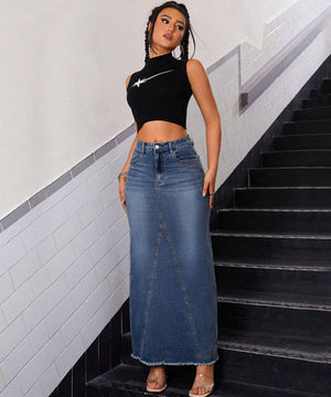 High-Waisted Denim Fringe Fishtail Skirt for Trendy Style