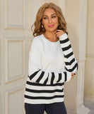 Relaxed Patchwork Striped Sweater With Round Neck Casual