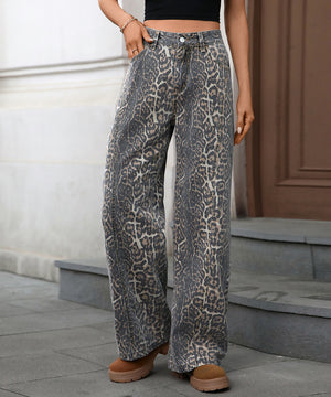 Leopard Print Wide Leg Jeans Relaxed Casual Fit For Women