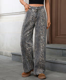 Leopard Print Wide Leg Jeans Relaxed Casual Fit For Women
