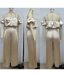 Elegant Plunging Pleated Pants Set Solid Colors Everyday