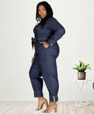 Relaxed Fit V Neck Casual Plus Size Denim Jumpsuit Women