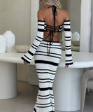 Bohemian Lace-Up Crop Top and Striped Skirt Knitted Set