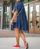 Plus Size Denim Cowl Neck Short Sleeve Puffy Skirt Dress