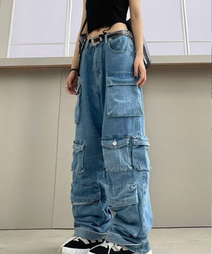 High Waisted Denim Trousers with Flip-Top Pocket for Women