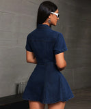 Casual Denim Blazer Dress with Cowl Neck and Short Sleeves