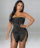 Sexy Off The Shoulder Denim Jumpsuit With Copper Chains