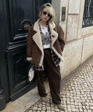 Fashionable Loose Warm Retro Lambskin Coat Deep Brown