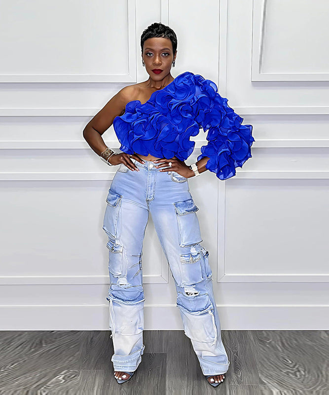 Diagonal Shoulder Lotus Cropped Top in Stylish Colors