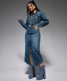 Stylish Denim Long Dress with Slit and Button-Down Collar