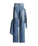 Aged Patchwork Bow Wide Leg Denim Pants for Stylish Comfort