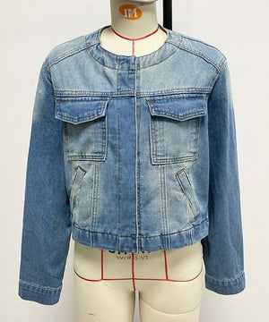 Collarless Long Sleeve Denim Jacket Vintage Multi-Pocket Style