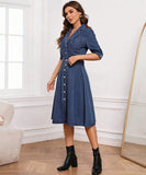 Curved Fitted Denim Dress with Short Sleeves and Waist Detail