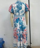 Casual Long Printed Dress with Cinched Waist in Blue