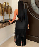 Asymmetric Single Shoulder Fringed Long Dress in Black Gold Blue