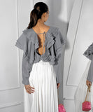 Chic V-Neck Peplum Halter Long-Sleeved Shirt for Style