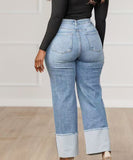Blue Washed Long Jeans With Outward-Folded Cuffs For Comfort