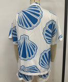 Relaxing Loose Printed V Neck Homewear Set Blue Polyester