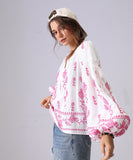 Loose Floral Embroidered Long Sleeve Shirt Viscose Blend