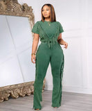Solid Color Short Sleeve Stretch Fringed Clothing Set