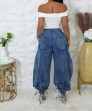 Loose Straight Leg Jeans With Drawstring Tie And Bow Detail
