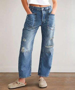 Relaxed Fit Distressed Straight Leg Denim Jeans