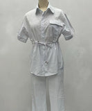 Casual Workwear Drawstring Shirt And Trousers Set Navy