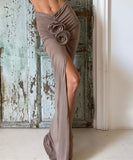 High Waisted Slit Pleated Flower Decorated Half Length Dress