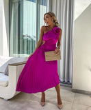 Fashion Sexy Oblique Shoulder Pleated Hollow Gown in Chic Colors