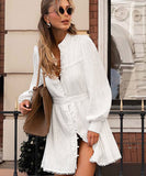 Chic Lace-up Ruffled Long-Sleeved Dress in Elegant White