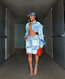 Retro Washed Distressed Patchwork Denim Suit for Trendsetters
