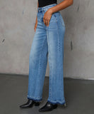 Women Distressed Denim Patchwork Wide Leg Pants Blue