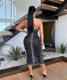 Glamorous Hot Drill Hanging Neck Perspective Slim Slit Wrap Buttock Dress