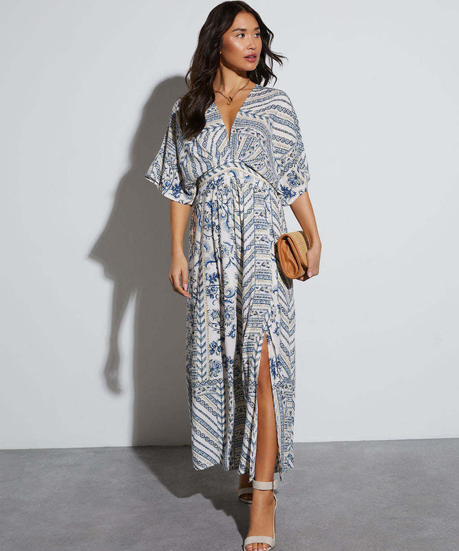 Stylish Long Short Sleeve Printed V-Neck Dress in Deep Blue