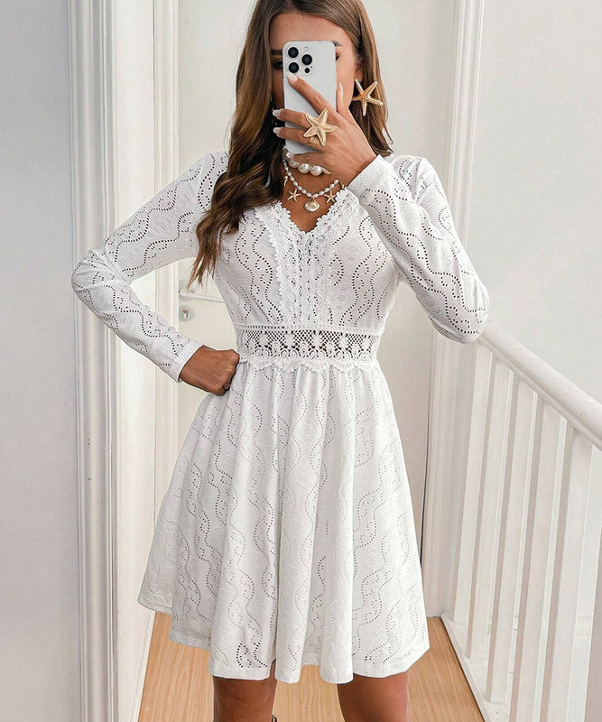 Solid Color Lace Patchwork Mini Dress for Stylish Vacations