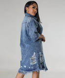 Denim Dress With Frayed Hem And Fringed Sleeves