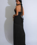 Fringed Sleeveless Long Dress with Flowing Skirt in Black Blue