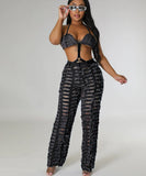 Women's Wide Leg Denim Trousers with Trendy Perforated Fringes