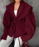 Classic Waist Cinching Belted Padded-Shoulder Jacket