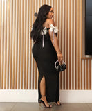 White Large Bow Brooch Dress with Sequins and Diamond Chain