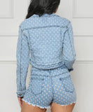 Women's Casual Ripped Denim Shorts Set in Light Blue Style