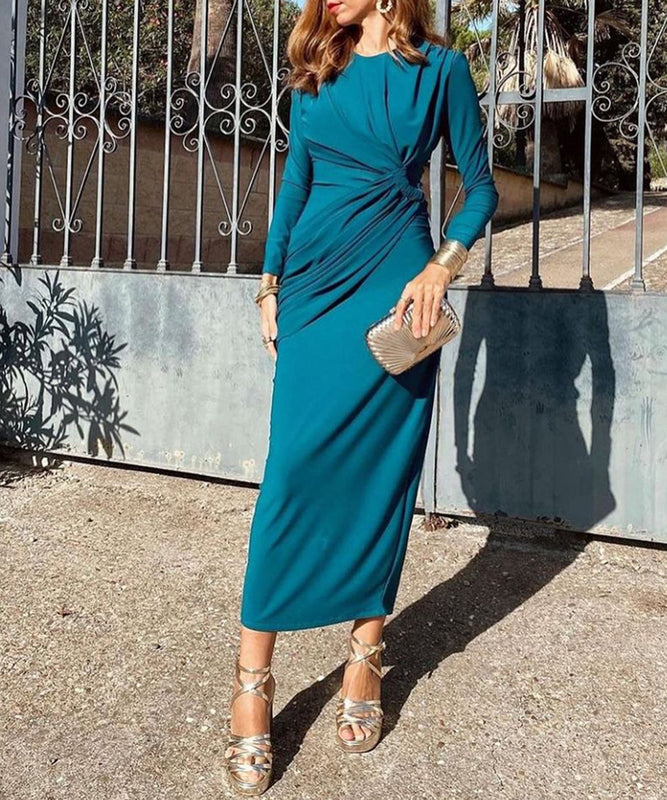 Peacock Blue Womens High Waisted Long Sleeve Dress