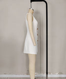 A Sleeveless Round-Neck Button-Down Solid-Color Short Dress