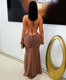 Off-The-Shoulder Fish-Tail Slit Dress With Cutout Design Sleek Evening Silhouette