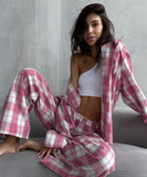 Stylish Pink Plaid Two-Piece Set for Women with Long Sleeves