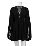 Elegant V-neck High-Waisted Dress with Puffy Sleeves